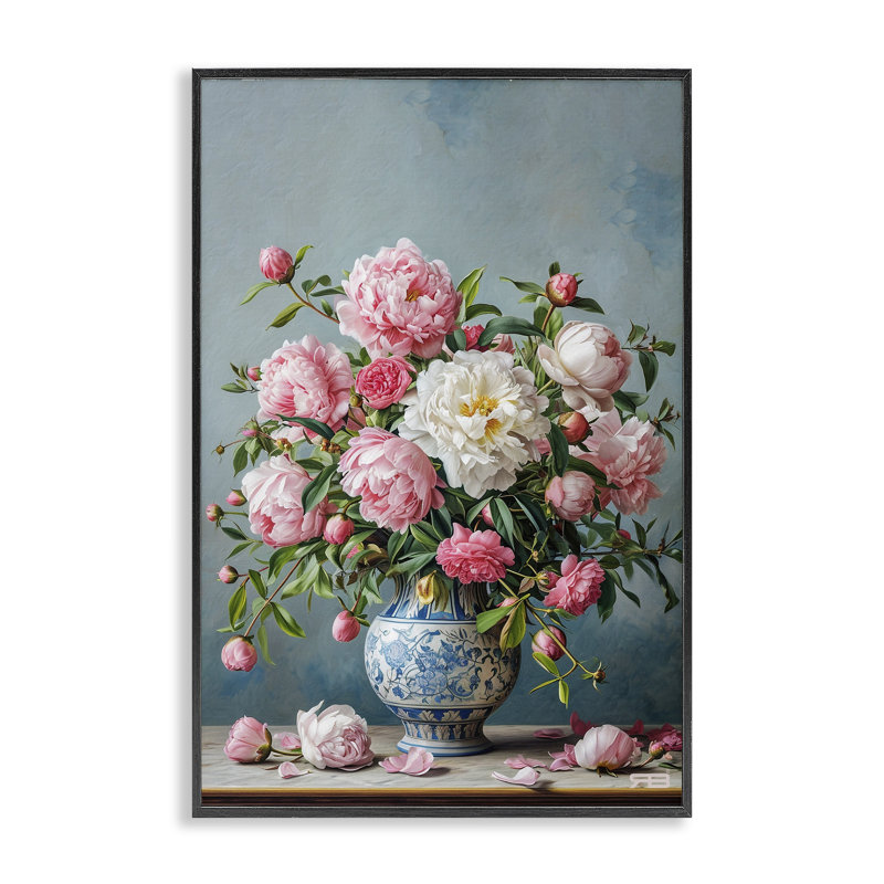 Vase plein de pivoines, estampe numérique encadrée par Roozbeh Bahramali, Giclée encadrée noir minuit, H 24 po x l 16 po