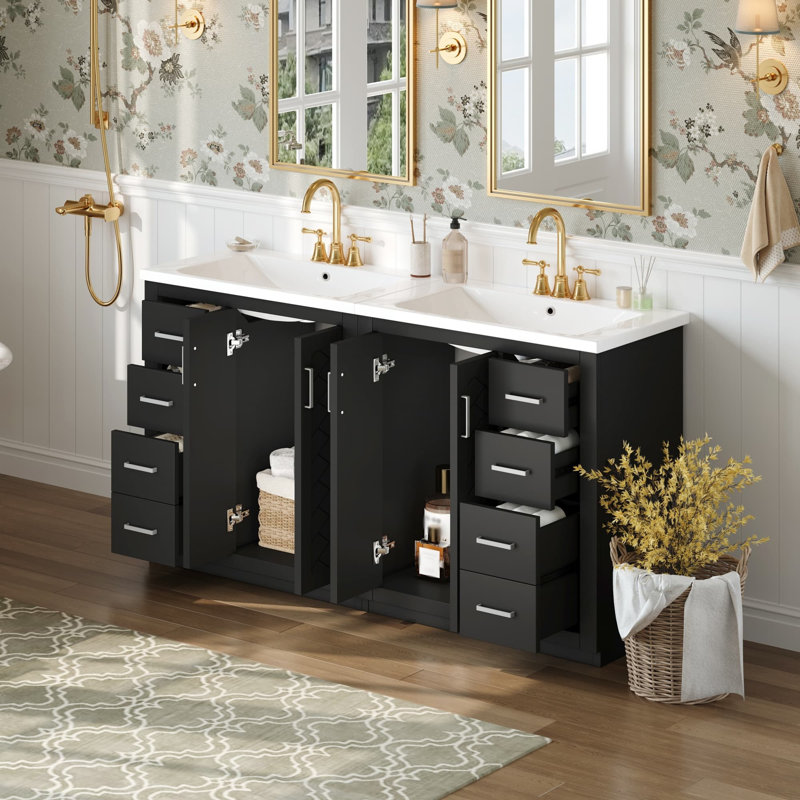 Ensemble de meuble-lavabo 60 po avec lavabo en céramique, armoire de rangement en bois massif, ensemble de meuble-lavabo autoportant avec 3 tiroirs et portes à fermeture douce