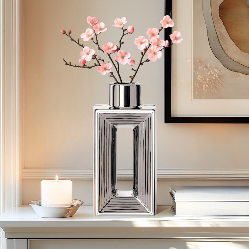 Vase en céramique argent 10 "cannelé, Argent argent