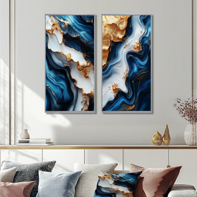 Abstrait marbre dans les tons de bleu et d'or I - ensemble d'art mural en marbre 2 pièces