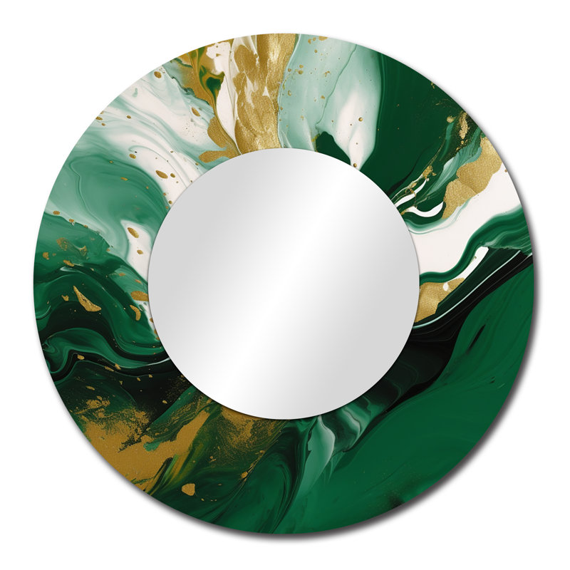 Vert et or liquide Magic II - miroir mural unique abstrait, miroir rond vert, impression d'art en métal, 29 po x 29 po