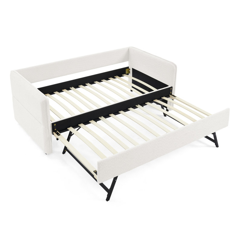Lit de jour rembourré beige avec couchette Boucle, taille simple, 83 po x 43 po x 29,5 po, rayures verticales, sommeil confortable, idéal pour les salles familiales Tissu à l'arrière, sièges, bureaux appropriés