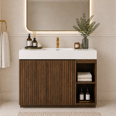 Meuble-lavabo autoportant de 122 cm (48 po) avec lavabo monobloc en surface solide, armoire de rangement spacieuse, fermeture amortie et design moderne