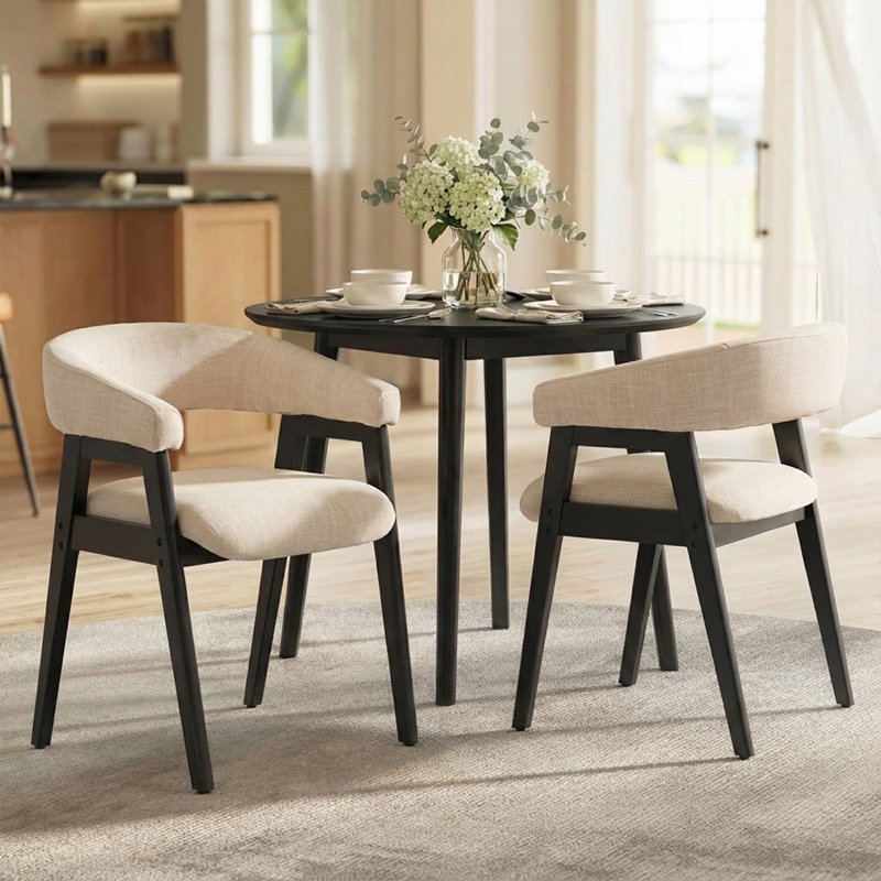 Mid-Century Modern Dining Chairs, Linen Upholstered Kitchen Dining Room Chairs Curved Backrest Dining Chairs With Wood Legs(Set Of 2)
