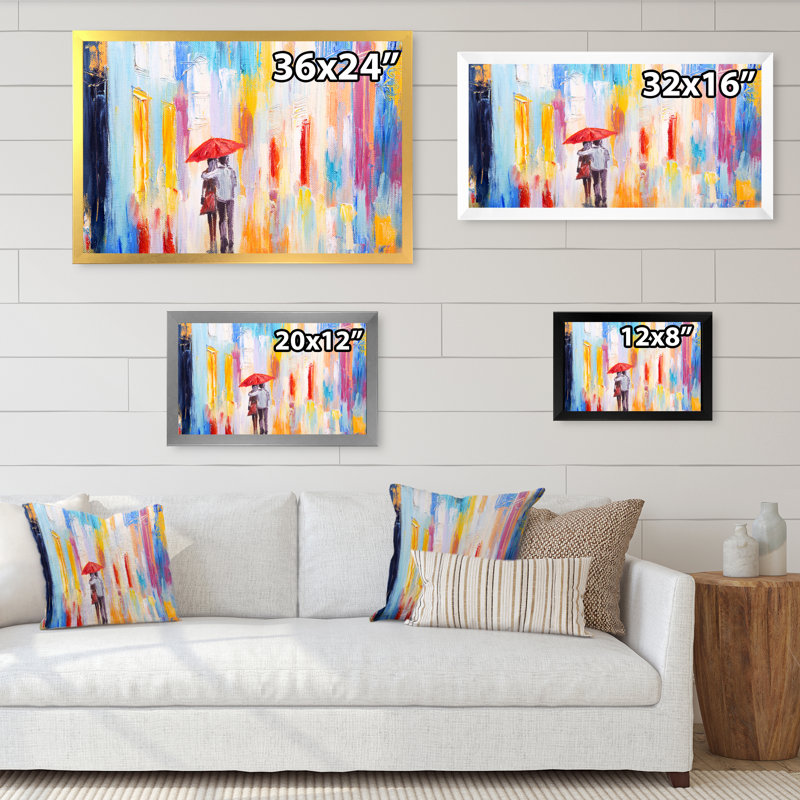Couple amoureux sous la pluie - reproduction d'art sur toile, H 24 po x l 36 po x P 1 po, Toile blanche avec cadre photo