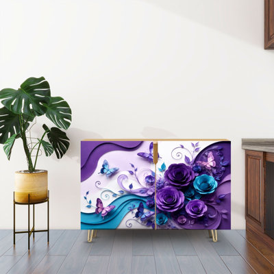 Sideboard Buffet Cabinet with Storage Purple Blue Roses Elegant Butterflies Artistic Papercut Design with 2 Doors for Living Room and Kitchen
