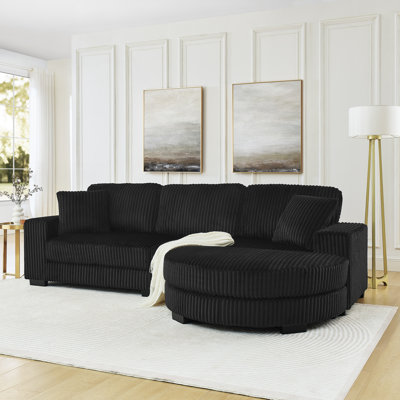 Corduroy Tufted Upholstered Sleeper Sectional Sofa, L-Shaped Modular Convertible Sofa , The arc-shaped footstool can be placed freely on the left and right-