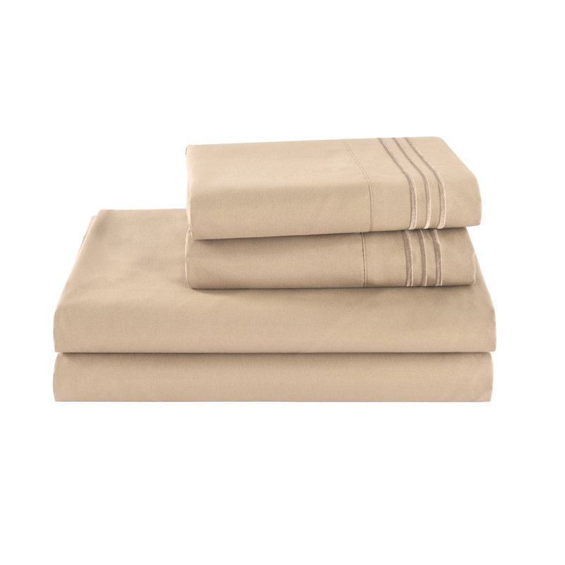 3/4 Pcs Soft Solid & Embroidery Bed Sheets Set, Queen, Beige