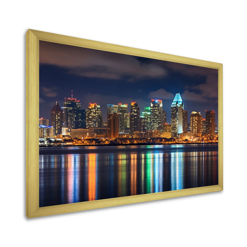 «Montreal Skyline At Night - California», art mural, Encadrement doré, H 12 po x l 20 po x P 1 po