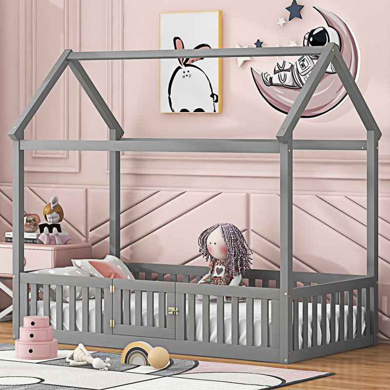 Lit en bois avec clôture et porte, Gris, Lit simple
