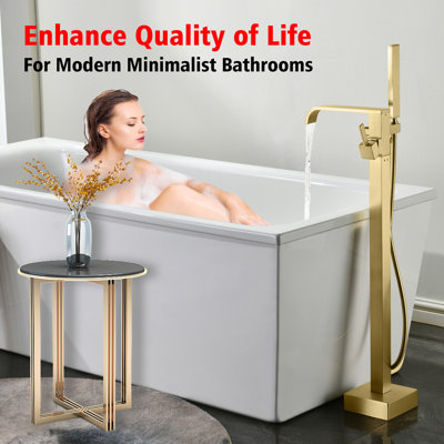 SUMERAIN Freestanding Tub Faucet Filler with Watersense Hand Shower, 360° Swivel Spout Floor Mount Bathtub Faucet, Brushed Gold