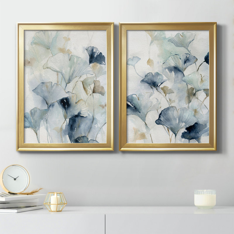 Indigo Ginkgo I, reproduction encadrée de qualité supérieure - prête à être accrochée, Or, H 18,5 po x l 49 po x P 1,5 po