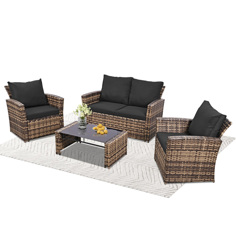 4 Piece Outdoor Patio Furniture Set,Wicker Conversation Sets Outdoor Sectional Patio Sofa Couch With Cushions & Coffee Table For Outside,Brown/Black