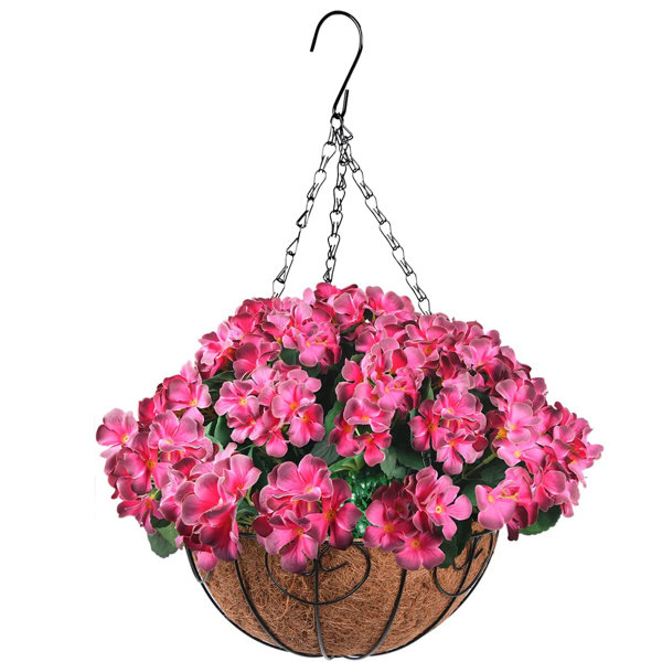 Primrue Silk Begonia Hanging Basket Arrangement in Basket | Wayfair