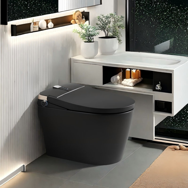 1.28 Gallons Auto-flush Soft Closing Cover Elongated One-Piece Tankless Smart Bidet Toilet for Bathrooms, Matte Black