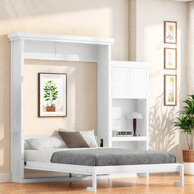 Lit escamotable avec tablettes de rangement et décoration à persiennes