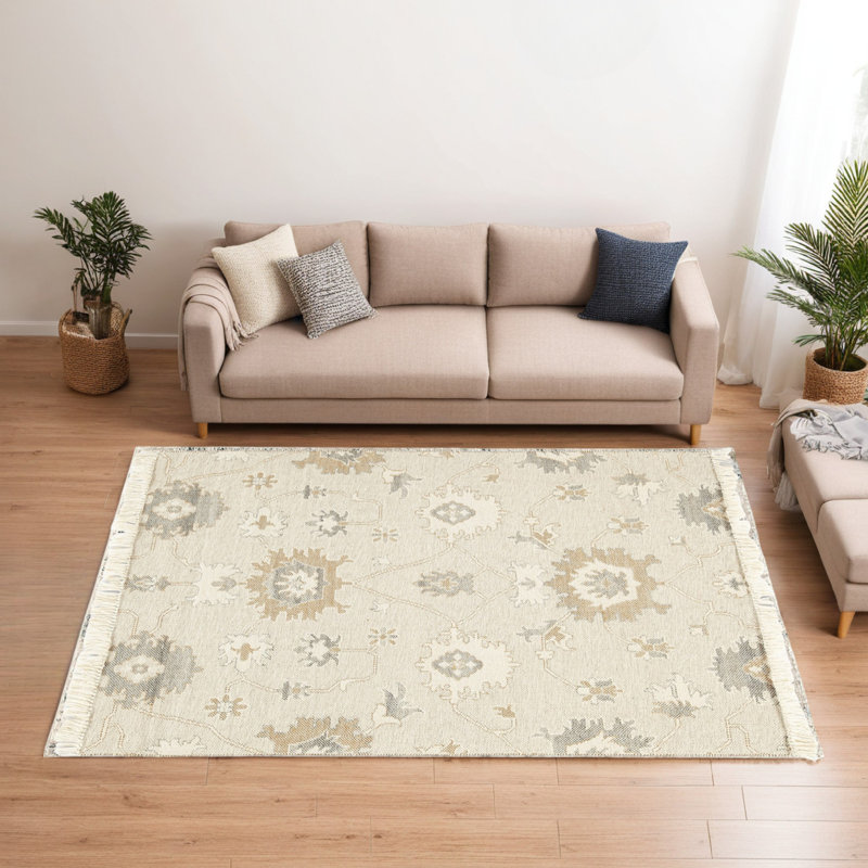 Tapis moyen Kia, motifs floraux tissés à la main, laine brun beige, Rectangle 5 pi x 7 pi