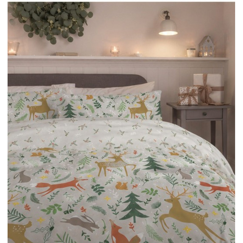 Festive Forest Animals Duvet Cover Set – Deer, Fox & Rabbit Print Bedding with PillowcaseS
