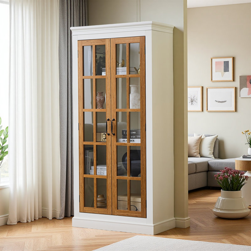 Rustic Style Display Cabinet With Glass Doors – Tall Curio Cabinet For Collectibles, Figures And Trophies, Brown/White