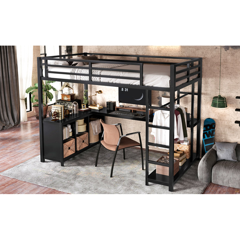 Lit mezzanine en métal avec garde-robe et bureau en forme de L, lit mezzanine simple de taille XL avec cubes de rangement et tablettes