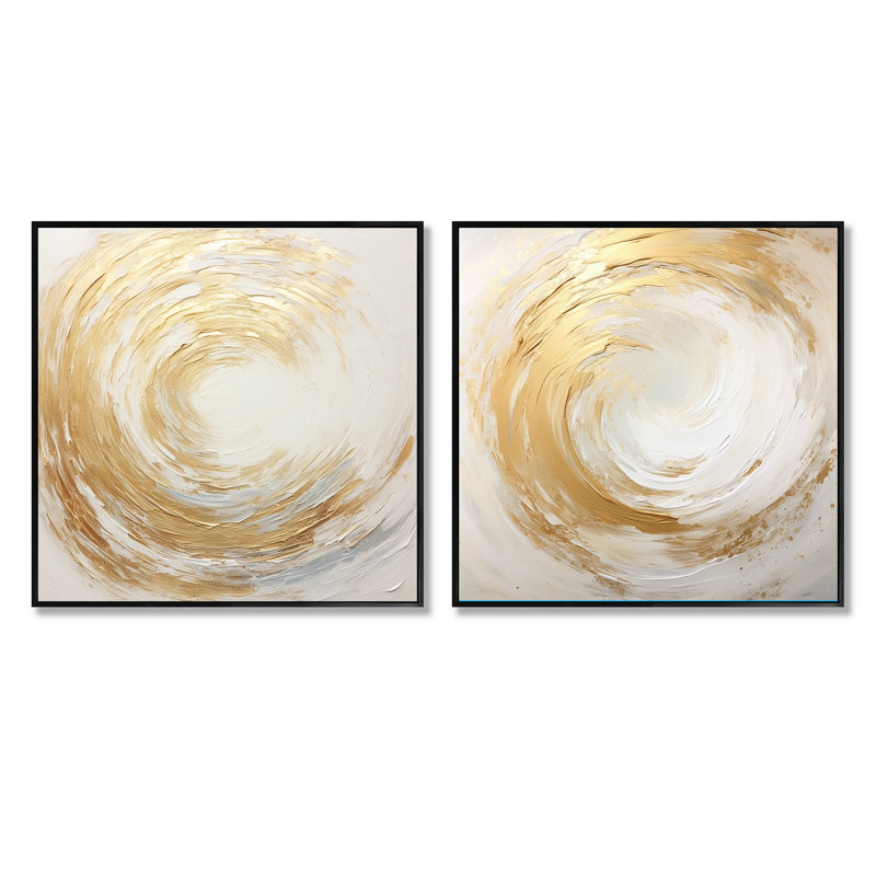 Gold And White Soft Wave Vortex - Abstract Spirals Square Collage Set Of 2, 16" H x 33" W, Black Floater Framed