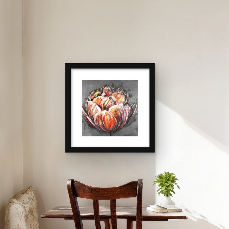 Double et abstrait tulipe orange - reproduction botanique encadrée, H 16 po x l 16 po, Noir