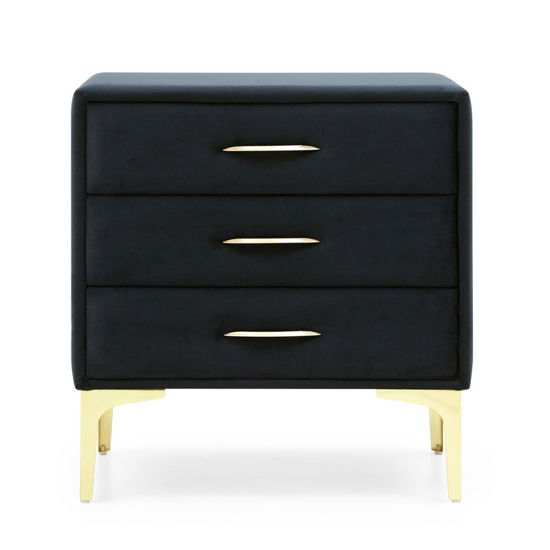 Élégante table de chevet rembourrée en velours avec des pieds dorés, Velours noir