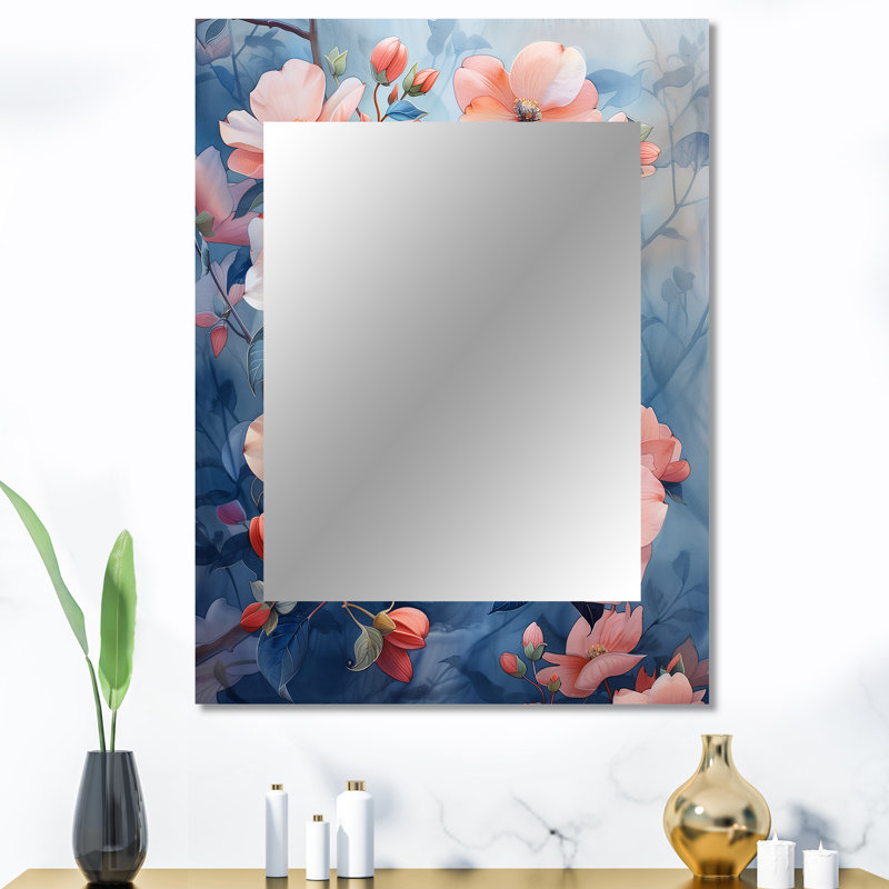 Pink Blue Garden Of Dreams Dogwood II - Dogwood Unique Mirror, Traditional Large Wall Mirror, Printed Metal Art, 40" x 30"