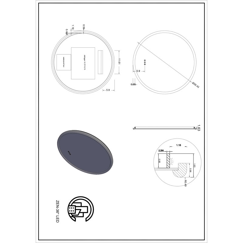 Zen LED Mirror, 35.43" x 35.43", Whitewash, Round