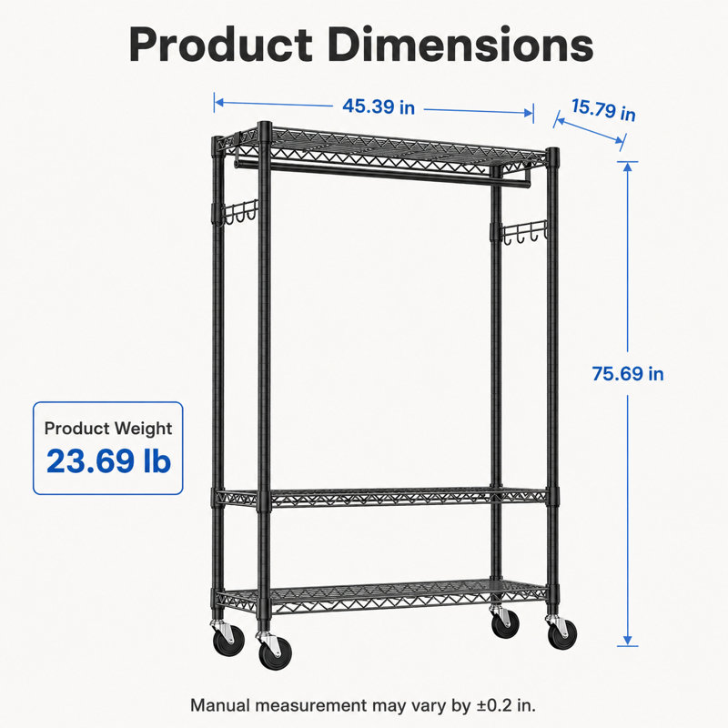 Rolling Garment Rack, Three Tier Adjustable Wire Shelving with Hanging Rod and Side Hooks, Black