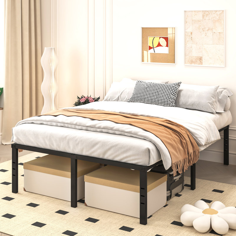 18" Metal Bed Frame, Queen No Box Spring Needed, Slots for Headboard Attachment, No Noise, Queen
