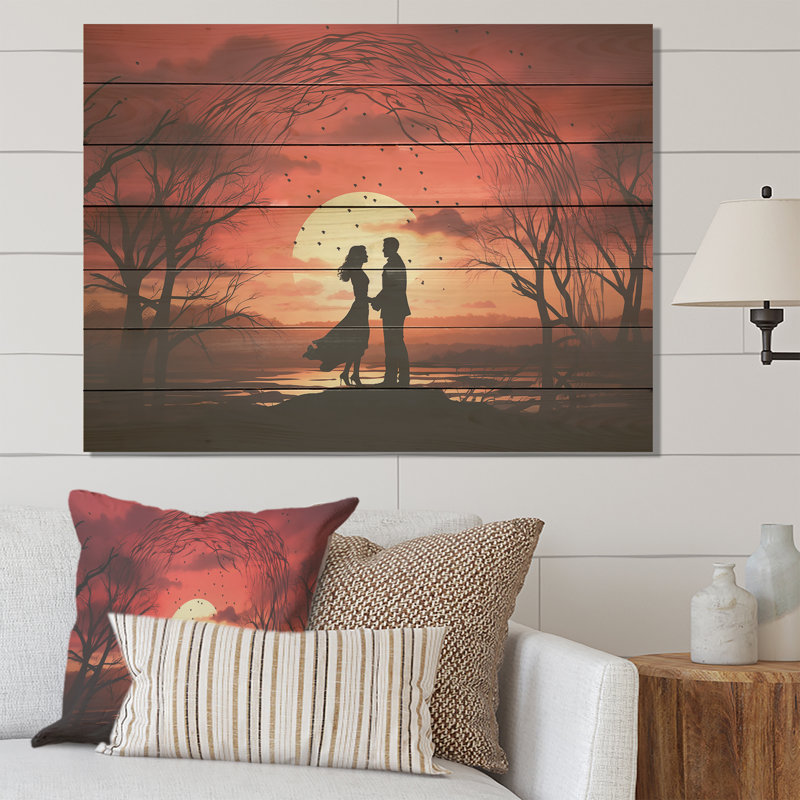 Couple romantique rouge amoureux au lever du soleil - Paysage romantique sur bois, H 34 po x l 44 po x P 0,78 po
