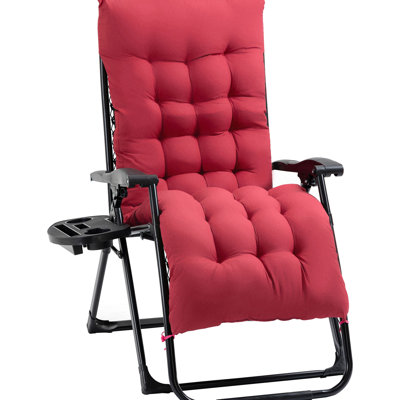 Fauteuil inclinable pliant rouge avec coussin rembourré et tablette latérale, position zéro gravité pour des moments de détente en extérieur, supporte jusqu'à 120 kg (264 lb) et convient à une utilisation intérieure et extérieure.
