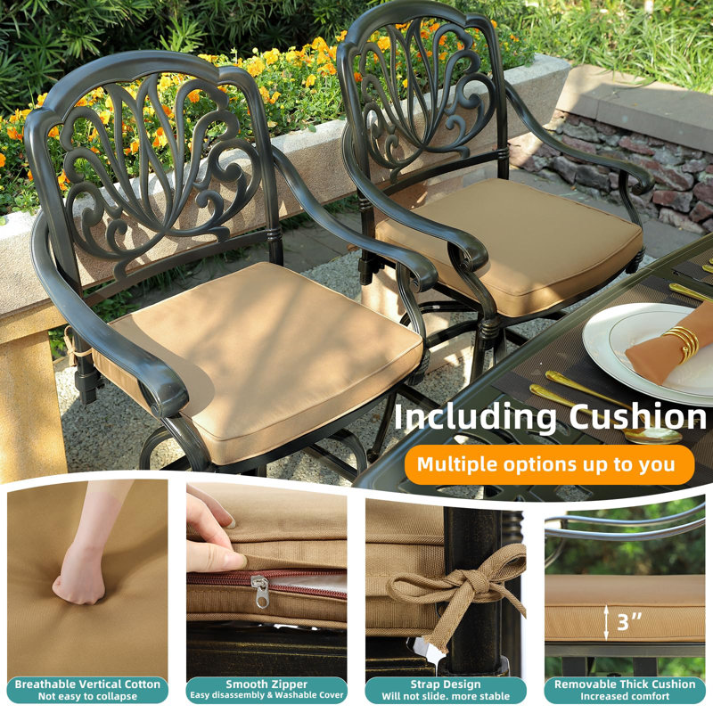  10-piece Outdoor Bar Set, All Weather Cast Aluminum Patio Bar Furniture With 8 Cushioned Swivel Bar Stools, Large 64" Square Patio Bar Height Table With Detachable Lazy Susan, 2" Umbrella Hole