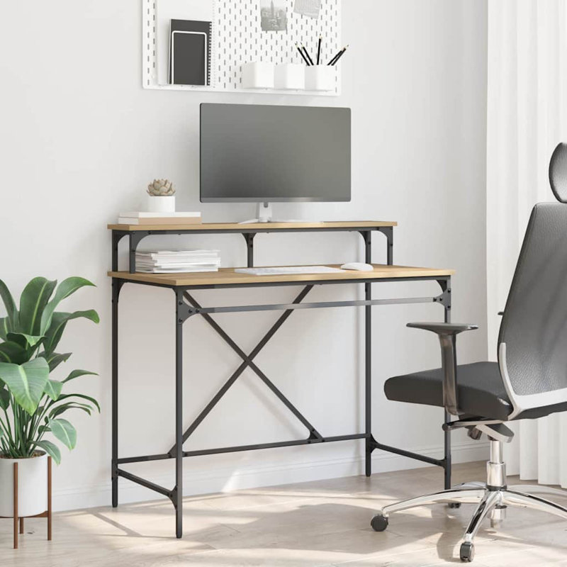 Metal Base Computer Desk, 90cm. H x 100cm. W x 50cm. D, Artisan Oak