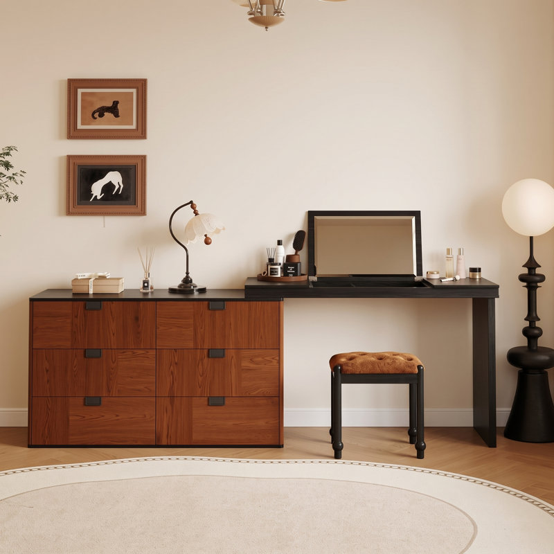 Coiffeuse extensible de style moderne du milieu du siècle avec miroir rabattable et meuble de rangement pour maquillage