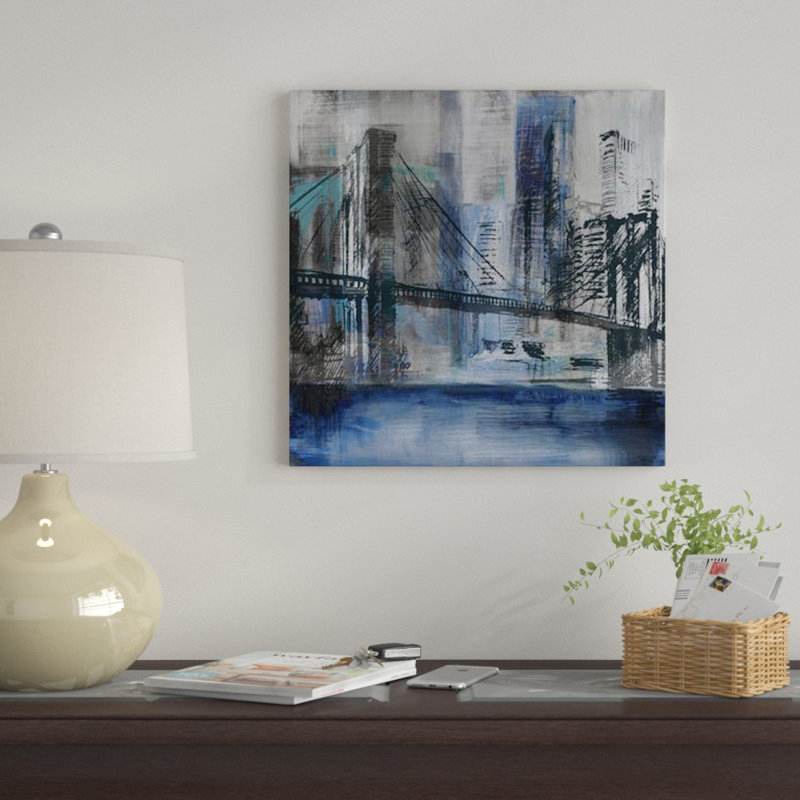 «Brooklyn Bridge», impression sur toile, H 26 po x l 26 po x P 1,5 po, Papier d'art encadré noir, Pas de tapis