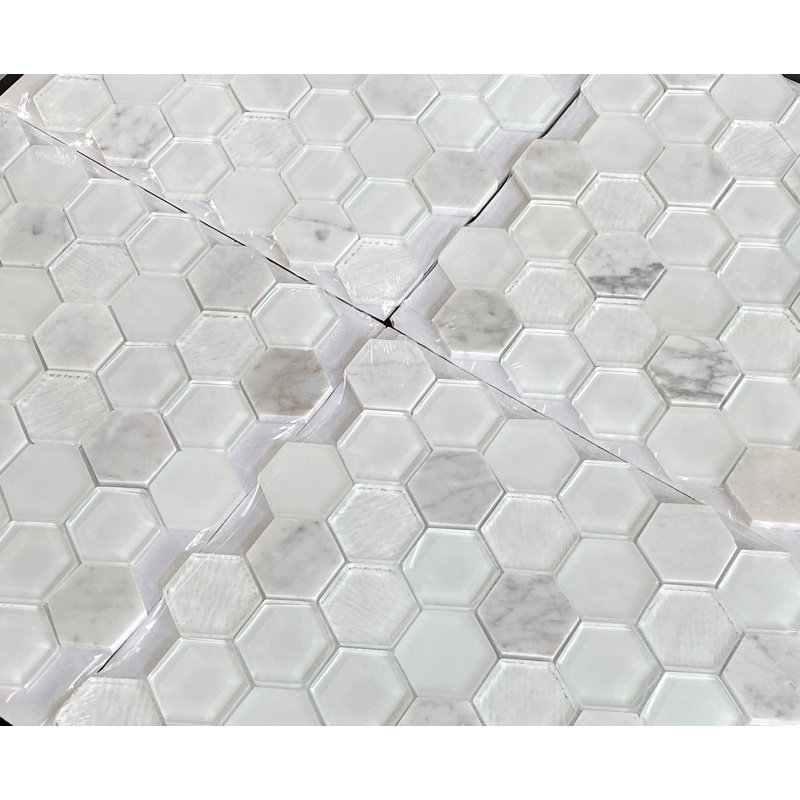 2" x 2" Honeycomb Mosaic Wall Tile, White Glass / White Carrara