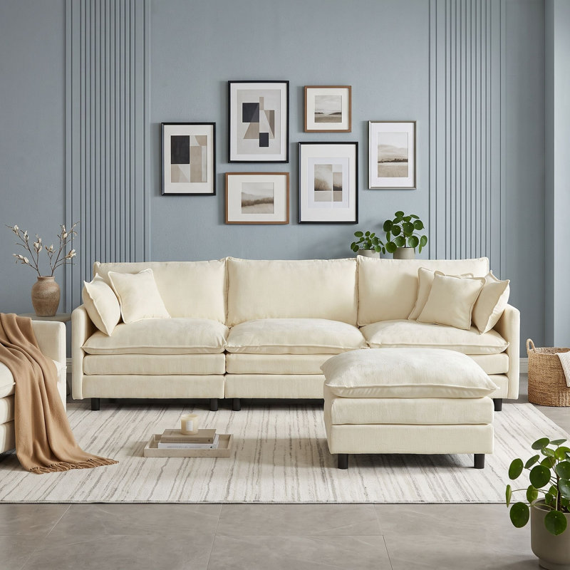 Canapé modulaire en L avec repose-pieds mobile, Beige
