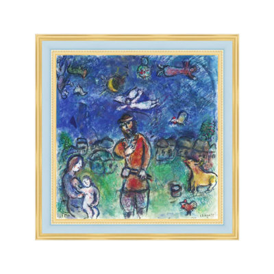 Tableau encadré sur toile « Le Village » de Marc Chagall, impression giclée, peinture surréaliste romantique onirique, décoration moderne (bleu clair et or, 81 x 81 cm)