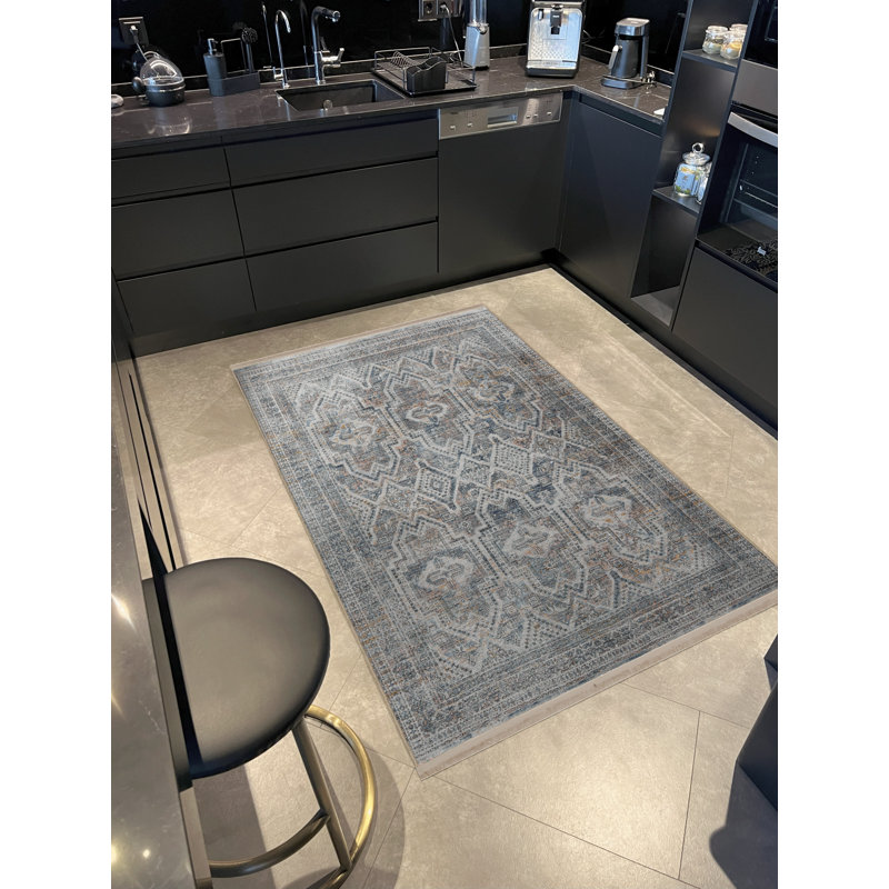 Tapis décoratif rétro à motif gris à motif traditionnel, Tapis de couloir 3 pi 9,81 po x 9 pi 10,11 po