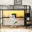 Lit mezzanine en métal noir en taille double avec bureau, escalier de rangement, petite armoire et 7 lumières à DEL modernes et compactes