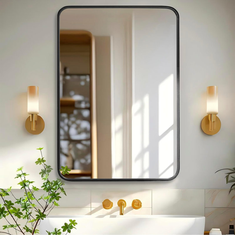 Miroir de salle de bain rectangulaire en métal noir arrondi pour salle de bain avec miroir mural, 36 po x 24 po