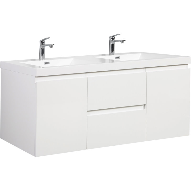 Floating Bathroom Vanity With Double Sinks, Wall-Mounted And Space-Saving, For A Modern And Functional Bathroom., White
