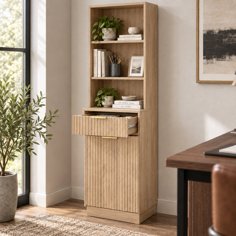 Armoire de rangement haute et étroite avec compartiment poubelle basculant, meuble de rangement de cuisine en noyer cannelé avec tiroir et étagères ouvertes