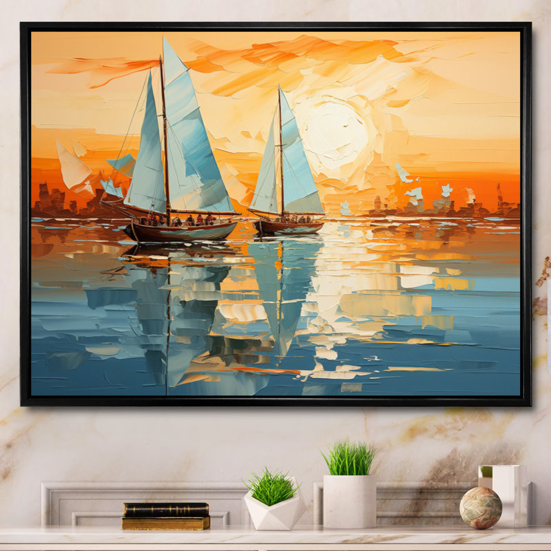 Voilier abstrait flottille II sur toile, H 34 po x l 44 po, Cadre flottant noir