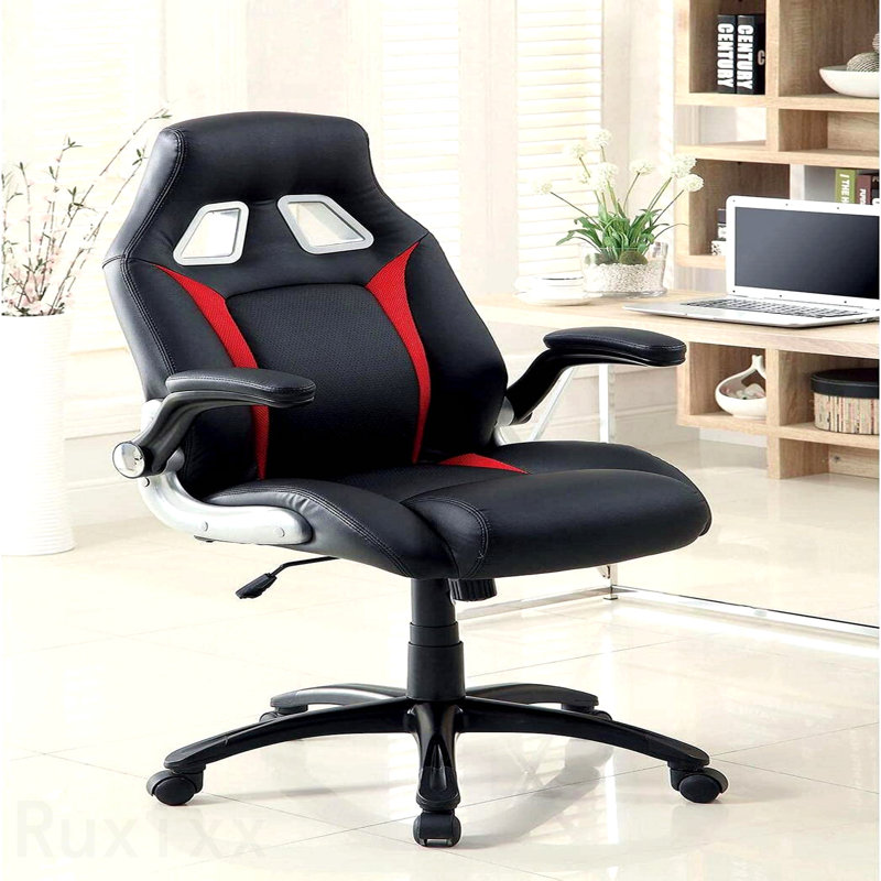 Chaise de bureau de jeu rembourrée noire et rouge, hauteur réglable, accoudoirs rembourrés, confort de travail relaxant