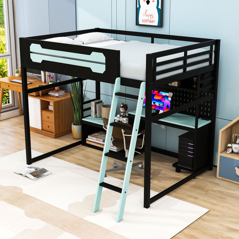 Full Loft Bed With Light Strips, USB Ports, Desk, Shelves And Pegboard, Black/Blue