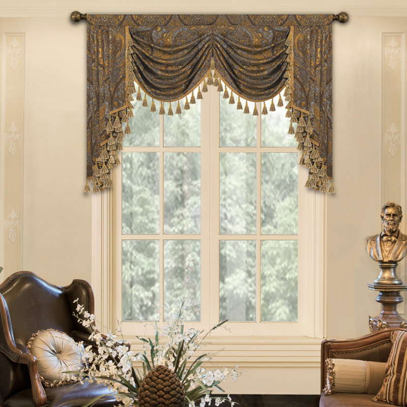 Classic Swag Valance with Tassels, Bronze Jacquard Waterfall Valance, 59" Window Treatment 1 Panel, 59" W x 45" L