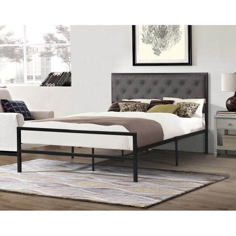 Lit plateforme tapissier touffeté, Simple, Gris
